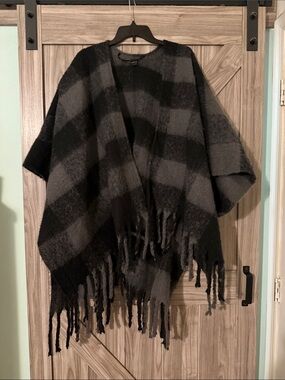 Aqua Black and Gray Plaid Fringe Poncho